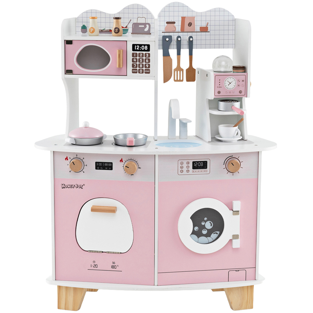 Costway Pink Kids Wooden Kitchen Playset with Coffee Maker Image 3