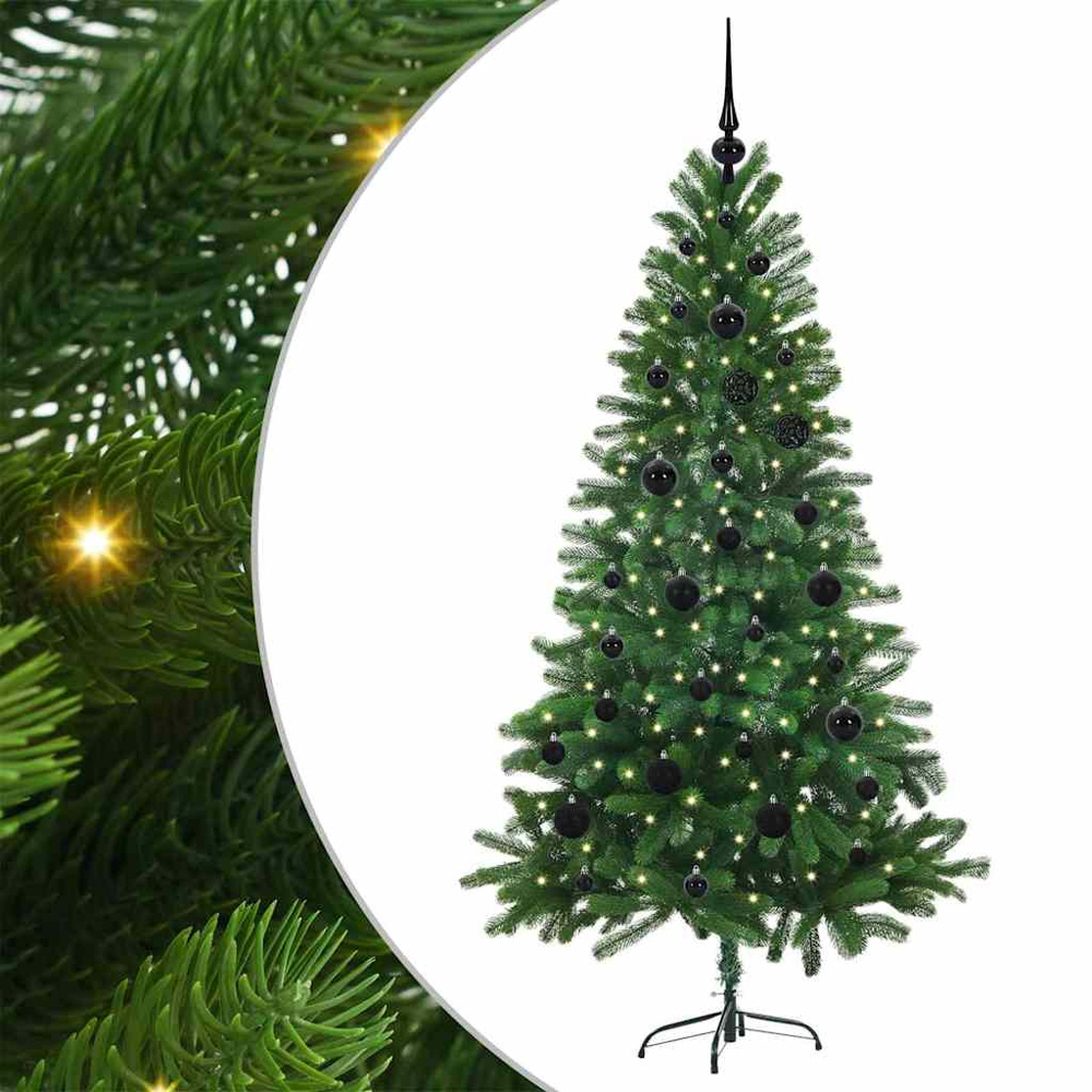 vidaXL Pre-Lit Black Baubles Green Artificial Christmas Tree 5ft Image 2