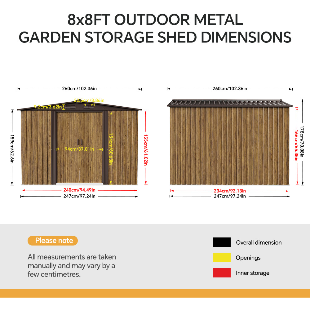 Living and Home 8 x 8ft Brown Wood Grain Metal Apex Garden Storage Shed with Foundation Image 8