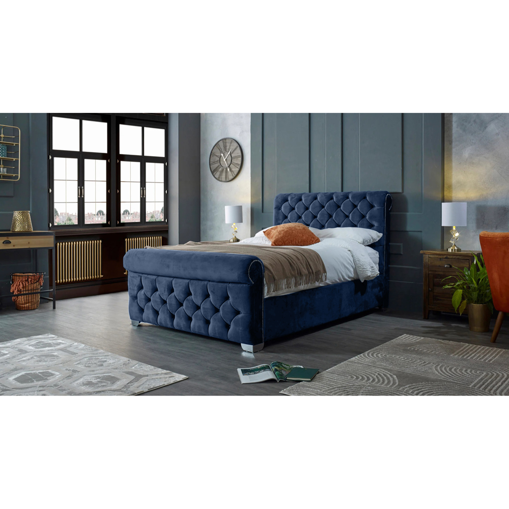 Eleganza Home Veneta Double Blue Plush Velvet Bed Frame with Chesterfield Headboard Image 4