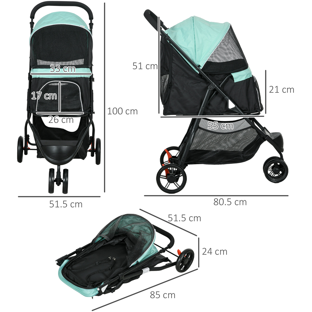 PawHut 3 Wheel Pet Stroller with Rain Cover Green Image 7