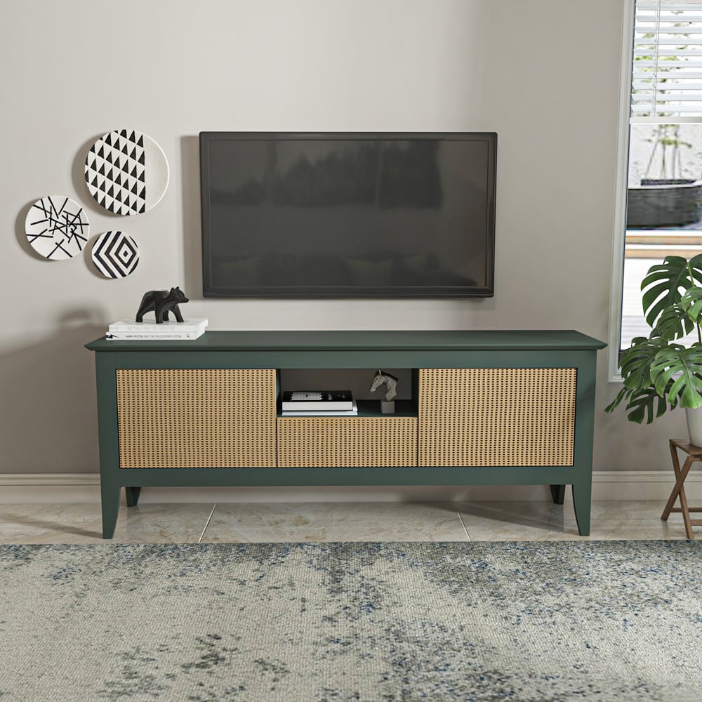 Decorotika Verde 3 Door Single Shelf Green and Rattan TV Unit Image 5