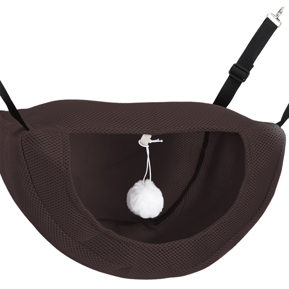 H&O Direct 19 x 82 x 24cm Brown Mesh Foldable Hanging Hammock Pet Bed with Pom Pom Image 3
