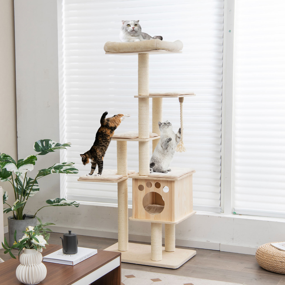 Costway Natural Cat Tree Tower with Scratching Posts Image 2