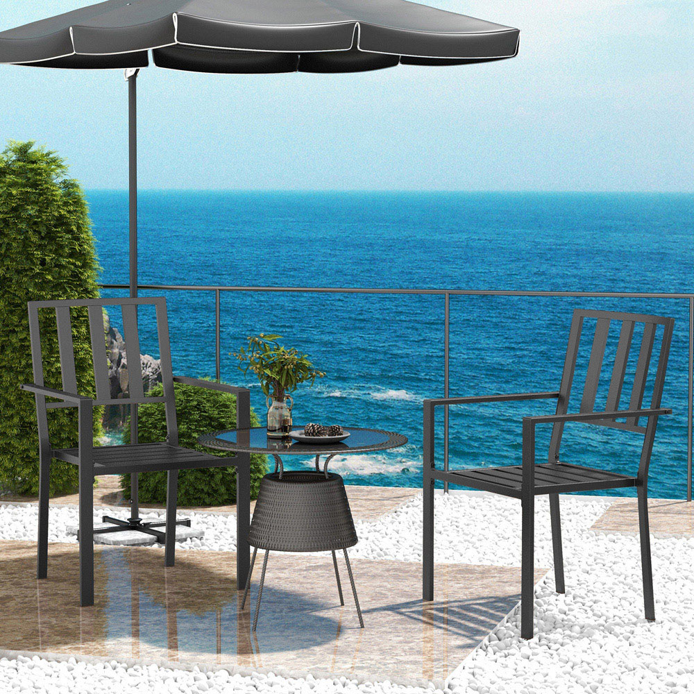 Outsunny Set of 2 Black Metal Slatted Patio Dining Chair Image 1