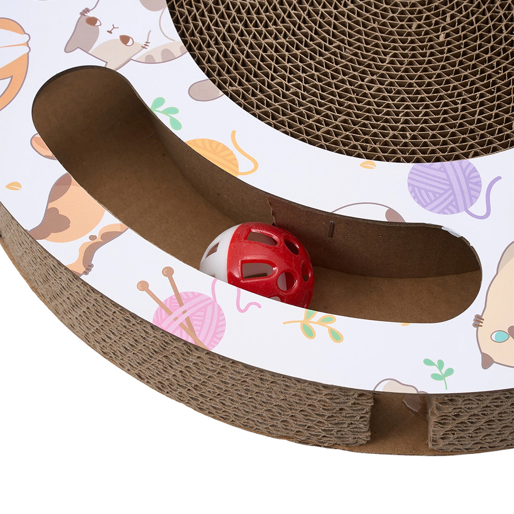 H&O Direct 33cm Multicolour Round Cat Scratcher Board with Ball Track and 2 Bell Balls Image 4