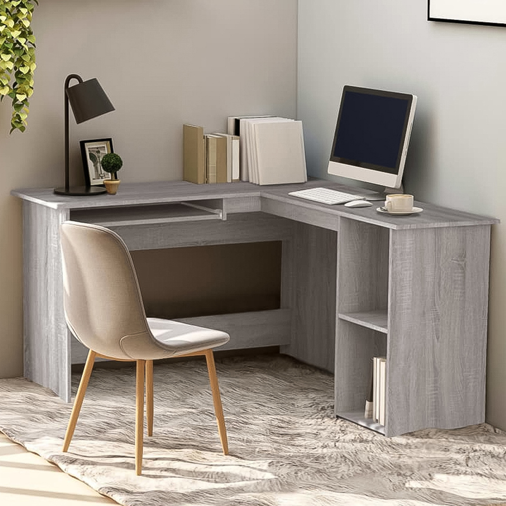 vidaXL 2 Shelf L-Shaped Corner Computer Desk with Keyboard Tray Grey Sonoma Image 1