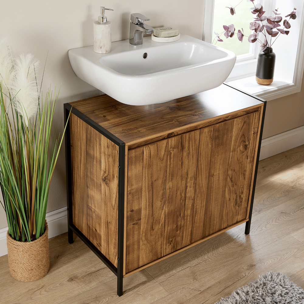 Home Source Locastra 2 Door Oak and Black Under Basin Bathroom Storage Cabinet Image 5