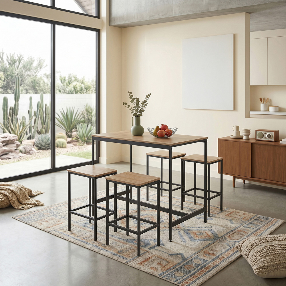 Living and Home 4 Seater Natural Wood and Black Bar Table and Stool Set Image 8