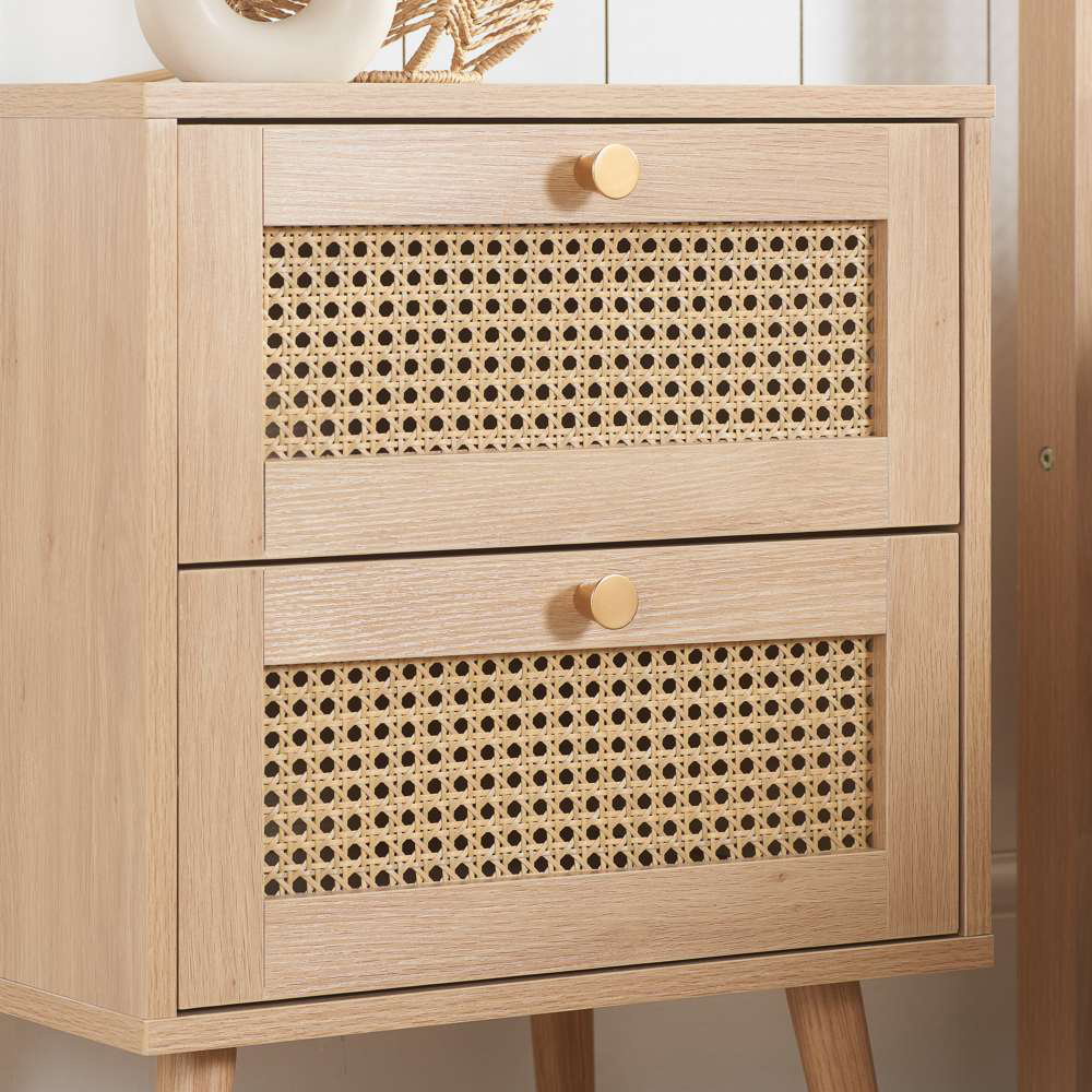 Croxley 2 Drawer Oak Rattan Bedside Cabinet Image 6