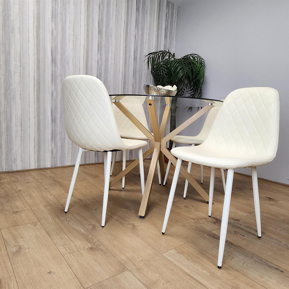 Kosy Koala 4 Seater Glass and Faux Leather Gem Pattern Round Dining Set Cream Image 2