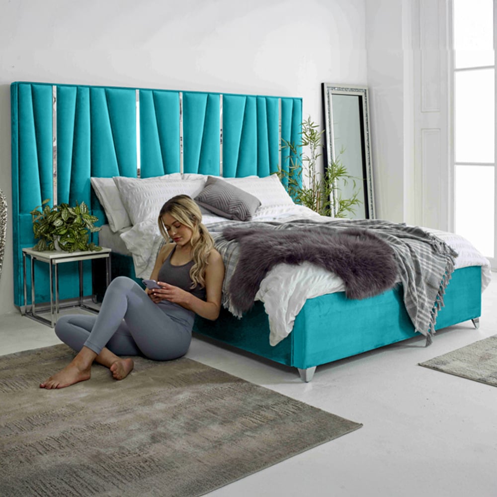 Eleganza Mila Single Teal Plush Velvet Bed Frame with Lined Headboard Image 1