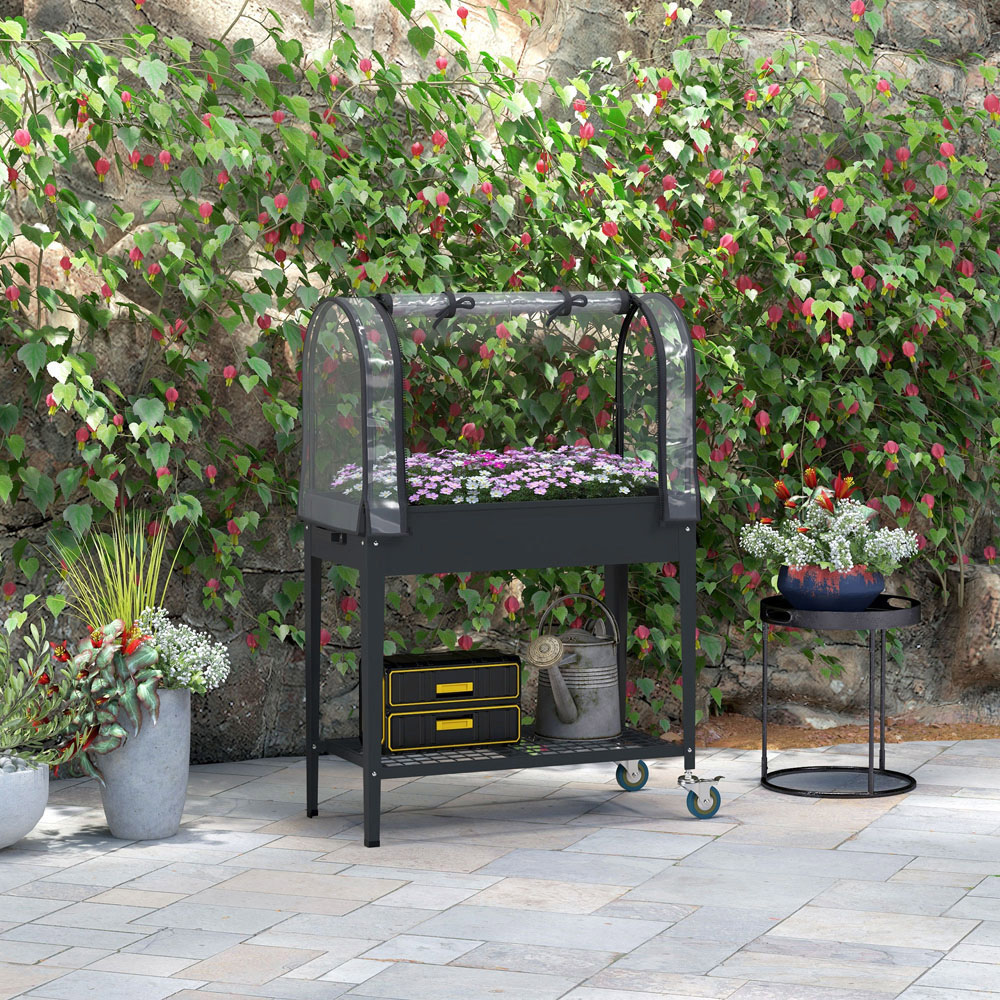 Outsunny Grey Raised Planter with Greenhouse Cover and Wheels Image 2