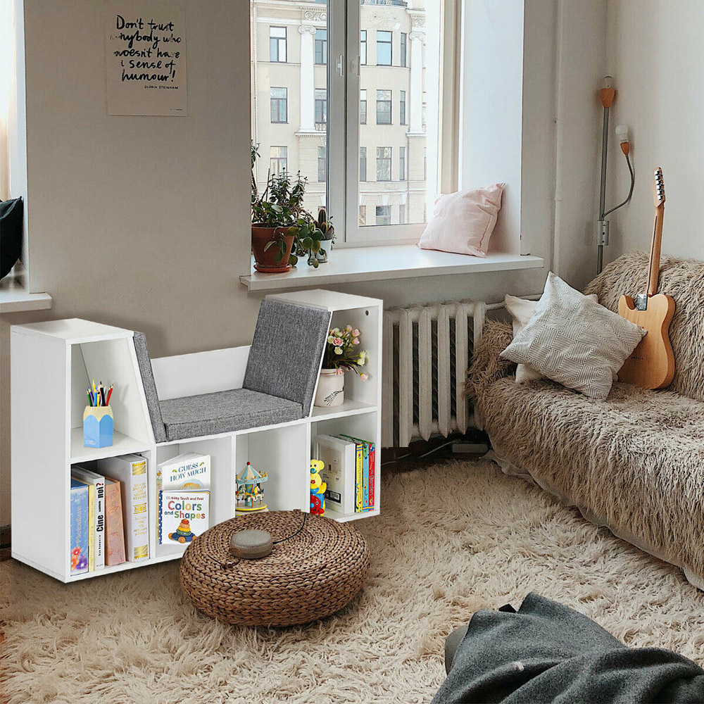 Costway 6 Cube White Storage Cabinet with Seat Cushion Image 3