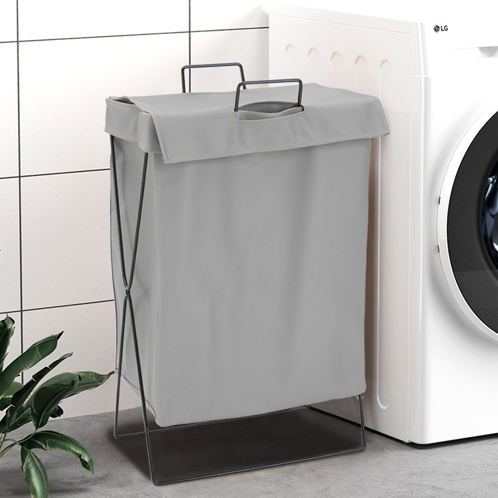 Living and Home Grey Metal Frame PU Leather Collapsible Laundry Basket with Lid Image 2