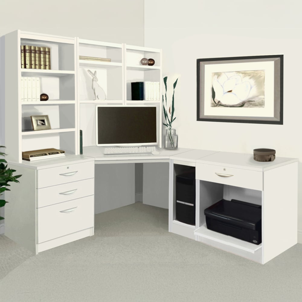 R White Cabinets 4 Drawer Corner Set-20 Computer Desk with Printer Shelf and Bookcase White Image 1