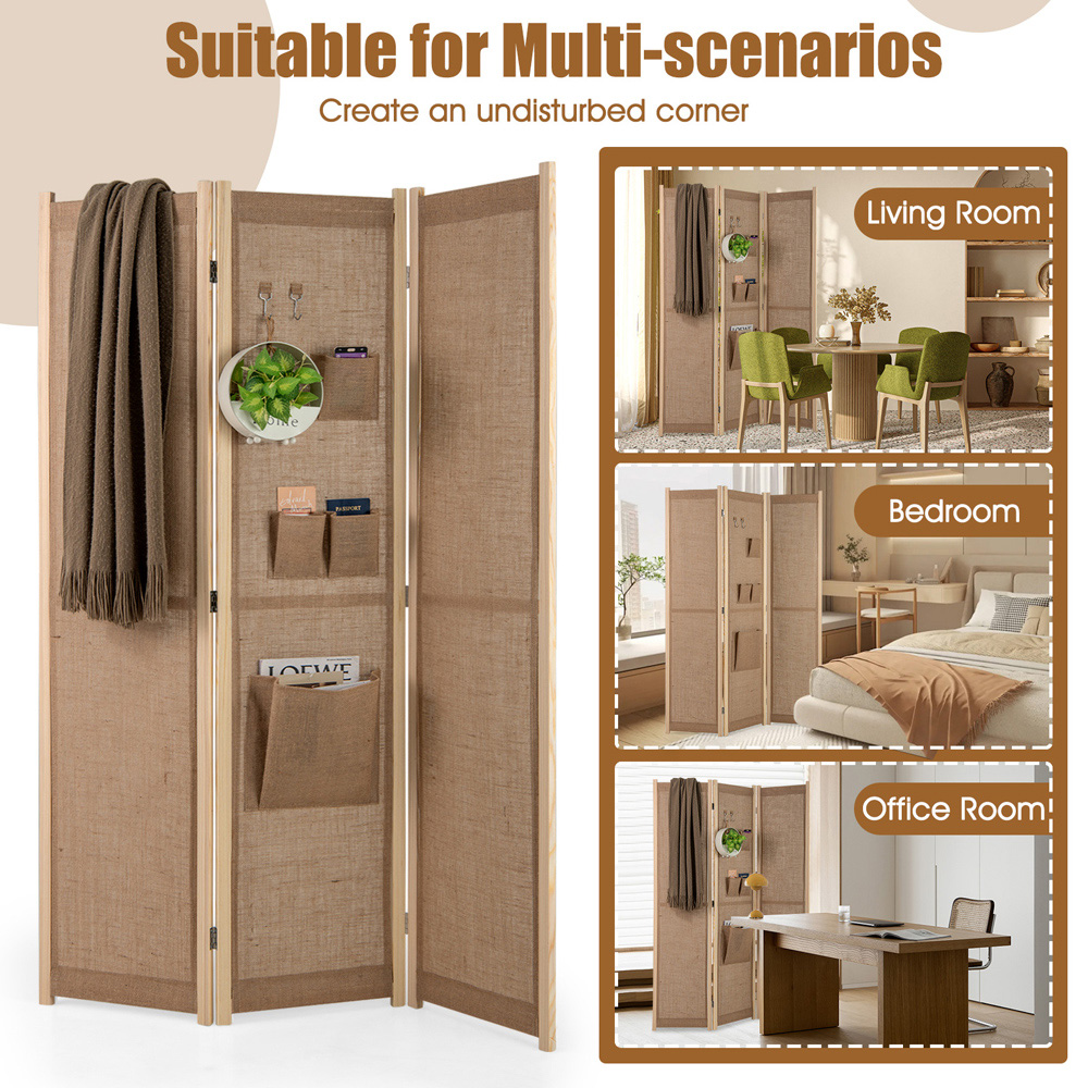 Costway 3 Panel Natural Room Divider with Storage Bags Image 6