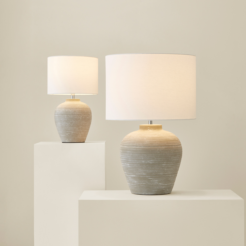 ValueLights Reid Linen Drum Lamp Shade Stone Grey Ribbed Ceramic Small LED Table Lamp Image 6