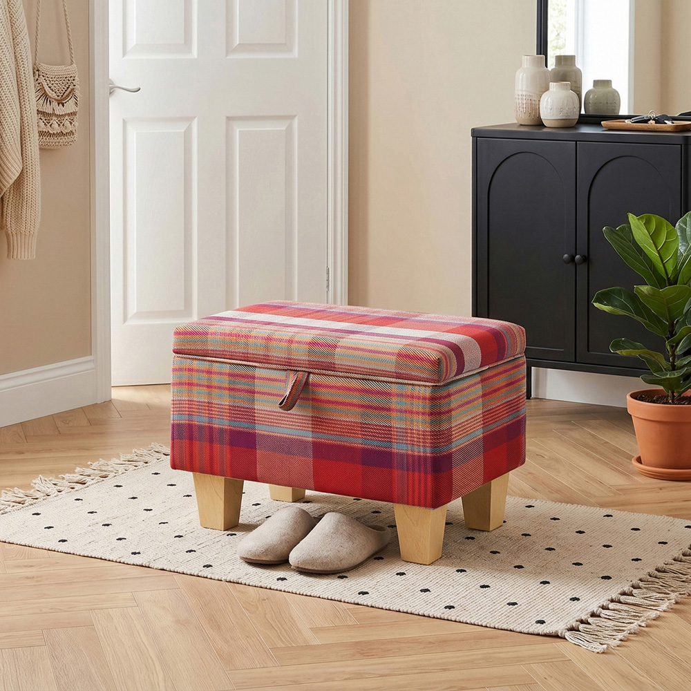 Living and Home Red Tartan Linen Storage Ottoman Image 8