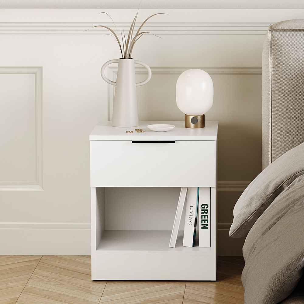 VIDA DESIGNS Terga Single Drawer Single Shelf White Bedside Cabinet Image 3