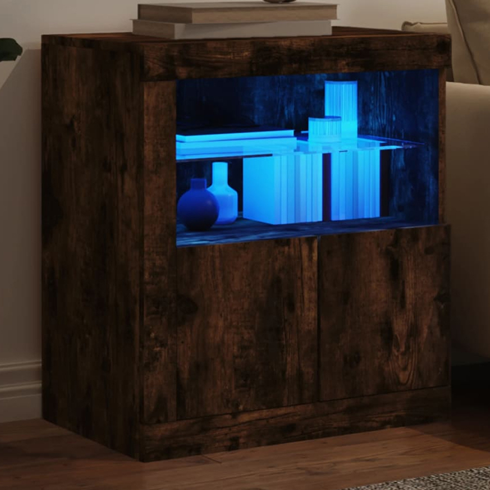 vidaXL 2 Door 2 Shelf Smoked Oak Sideboard with RGB LED Lights Image 1