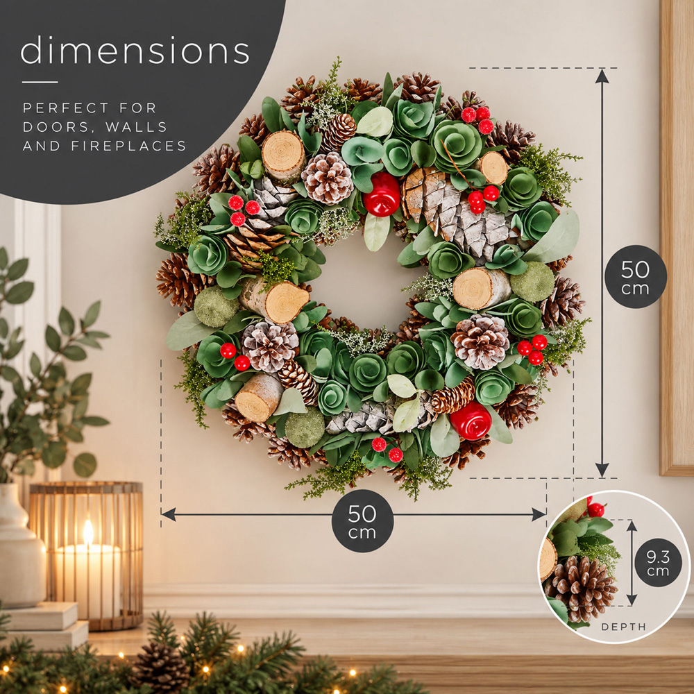 Neo Wooden Accent Artificial Christmas Wreath with Berries and Pine Cones 50cm Image 7