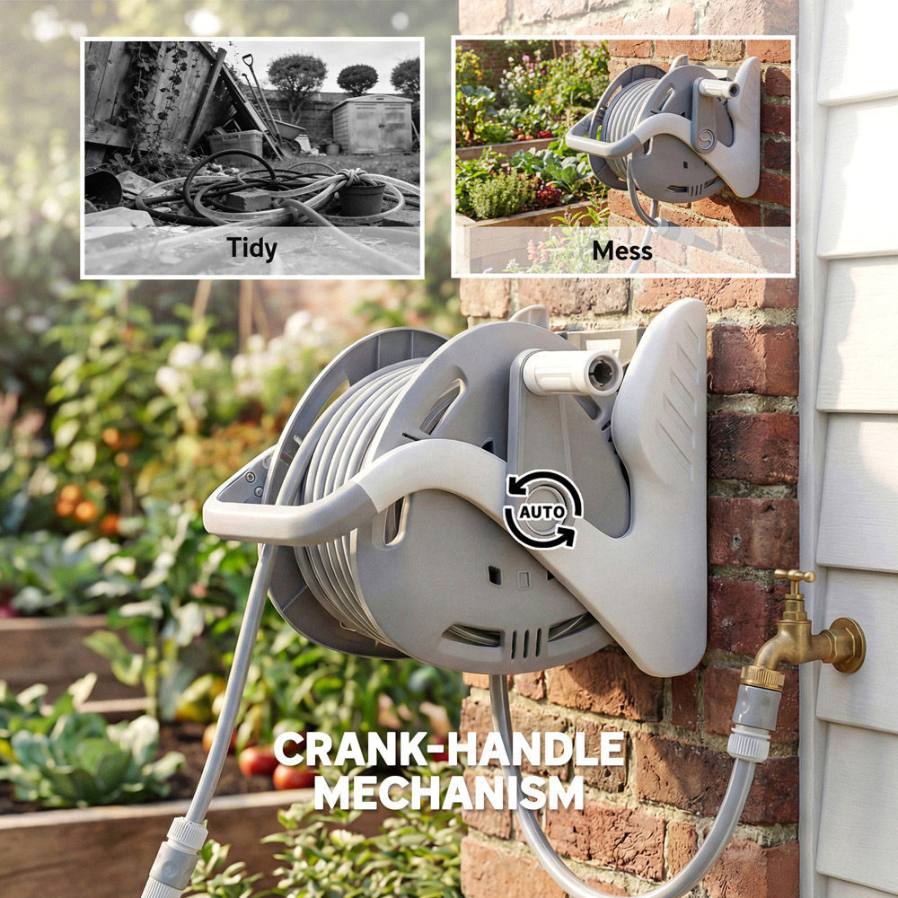 Outsunny Grey Portable Wall-Mounted Garden Hose Reel with 20m Hose and Fittings Image 8