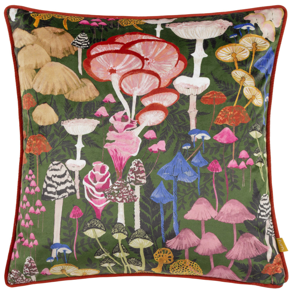 furn. Amanita Green Velvet Piped Cushion Image 1