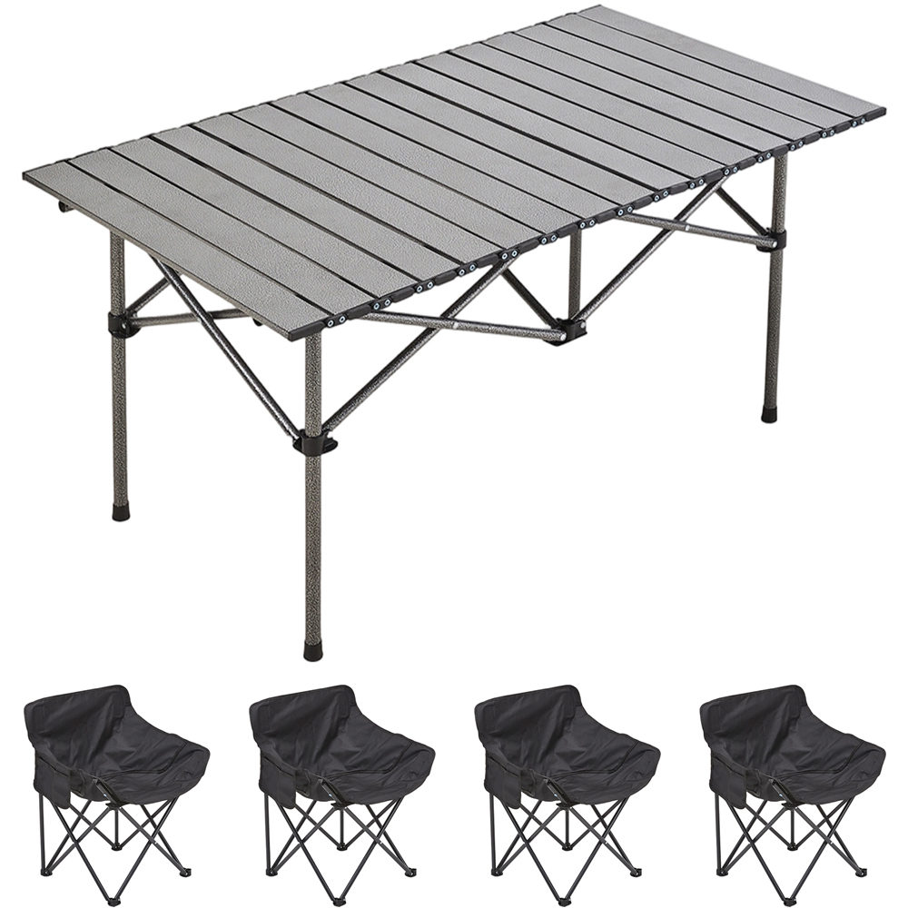 Living and Home 4 Seater Black Folding Camping Table and Chair Set Image 1