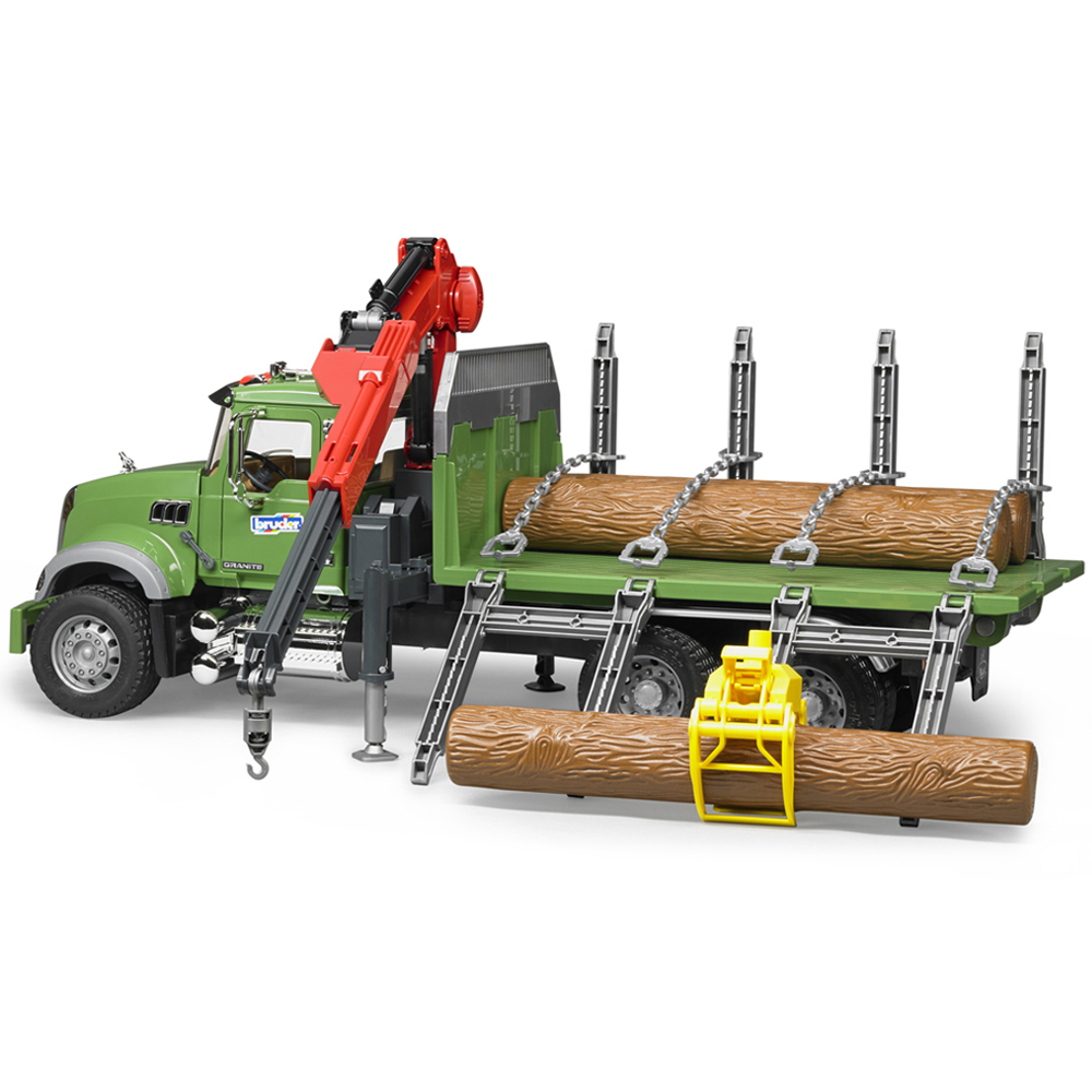 Bruder MACK Granite Timber Truck with Loading Crane Grab and 3 Trunks Image 8