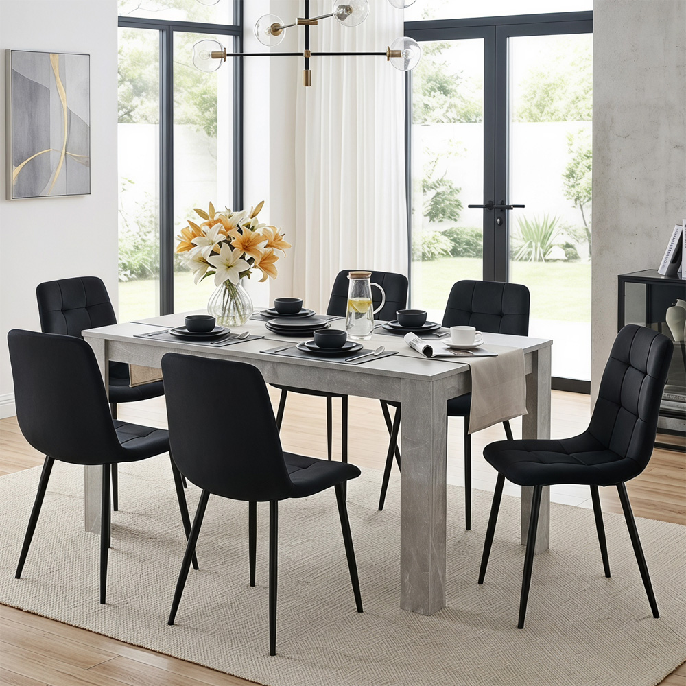 Portland Velvet 6 Seater Dining Set Stone Grey and Black Image 2