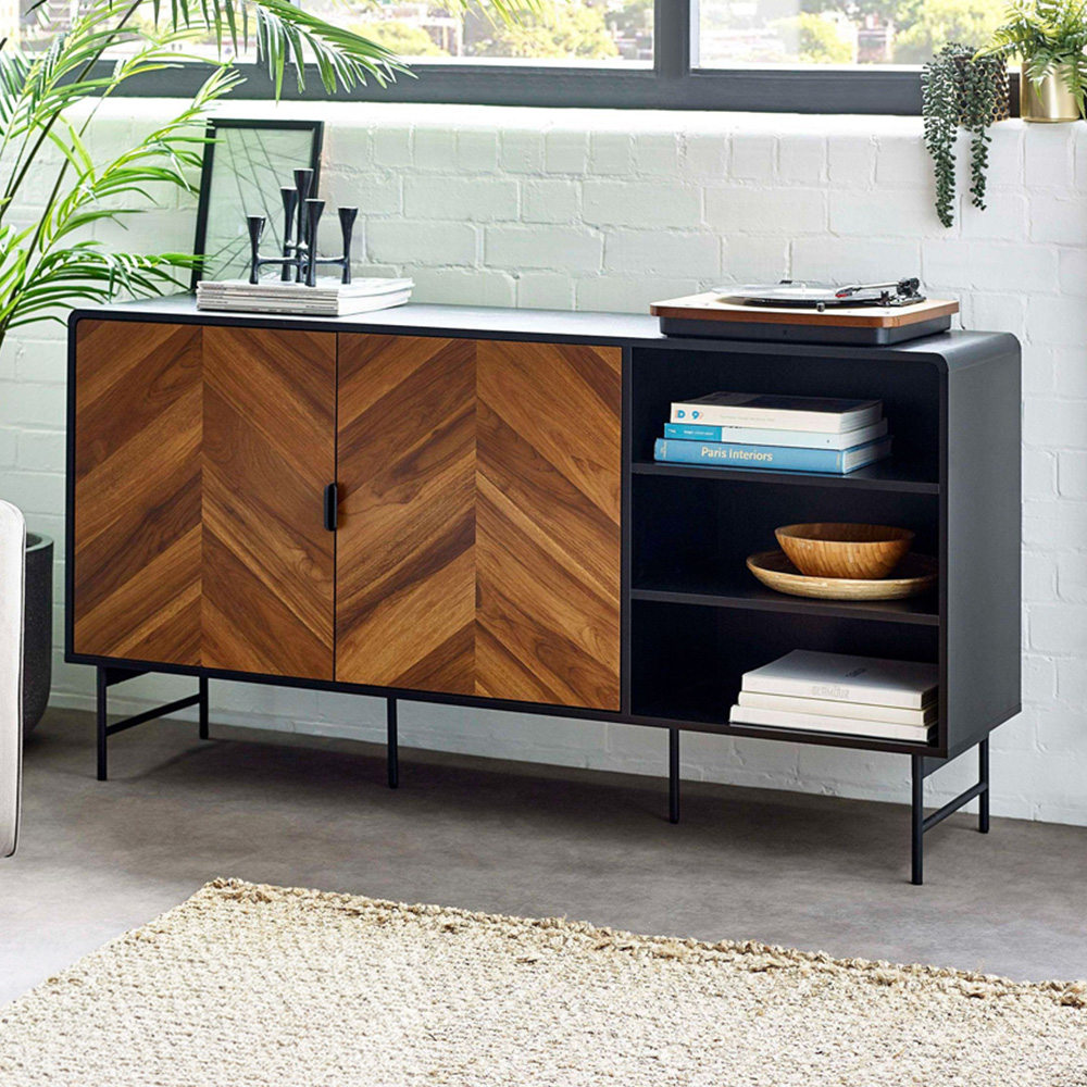 Julian Bowen Alvin 2 Door 3 Shelf Black and Chevron Natural Wood Effect Sideboard Image 1