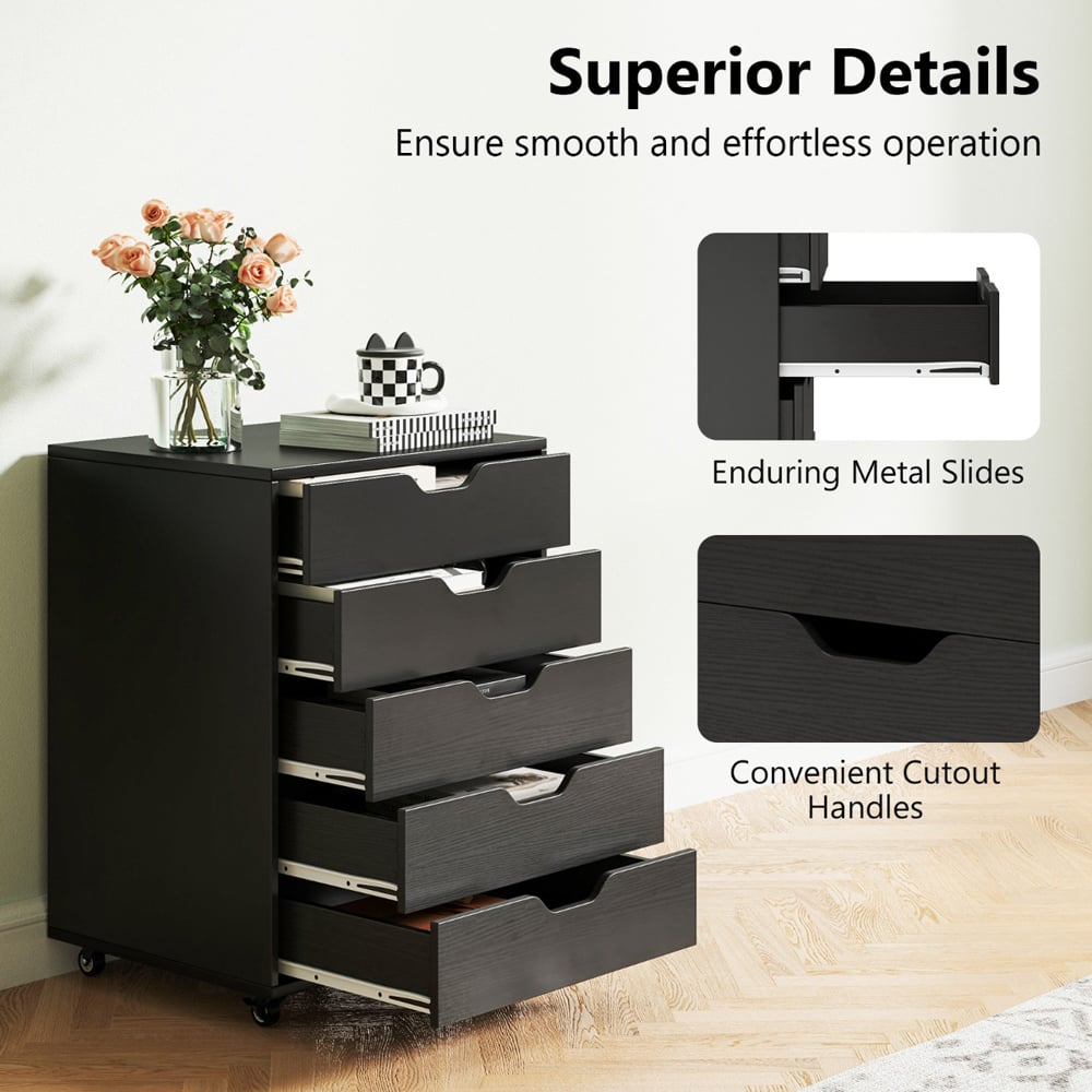 Costway 5 Drawer Black Chest of Drawers with Lockable Wheels Image 6