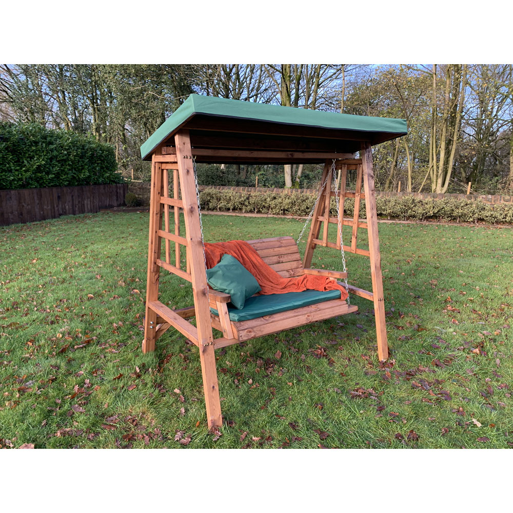 Charles Taylor Dorset 2 Seater Swing with Green Cushions and Roof Cover Image 6