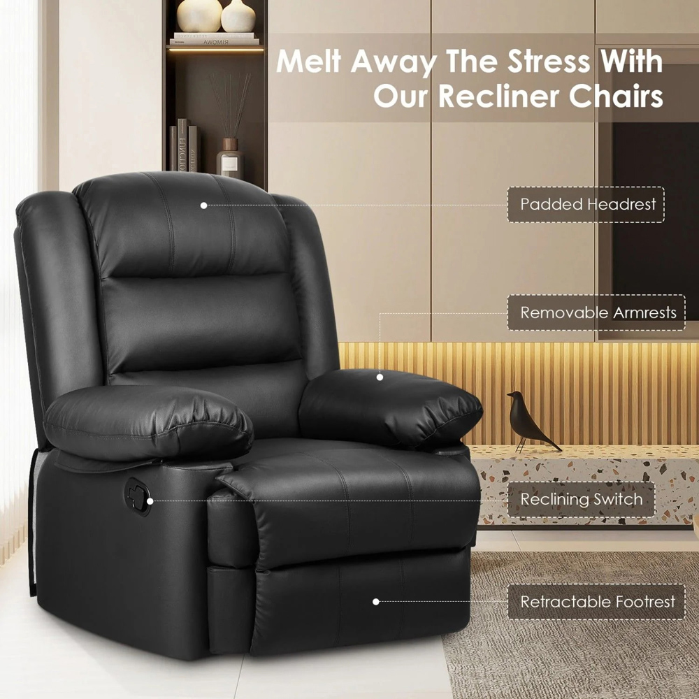 Rattrix Black PU Leather Manual Reclining Chair with Padded Backrest and Retractable Footrest Image 3