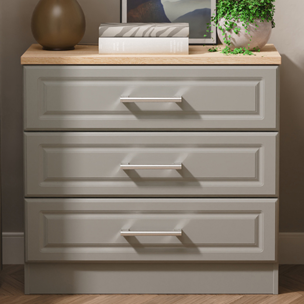 Crowndale Kent 3 Drawer Dusk Grey and Bardolino Oak Chest of Drawers Ready Assembled Image 1