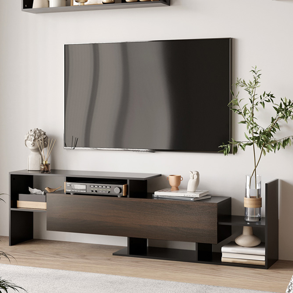 Portland Single Door Black and Brown TV Cabinet with Wall Shelf Image 1