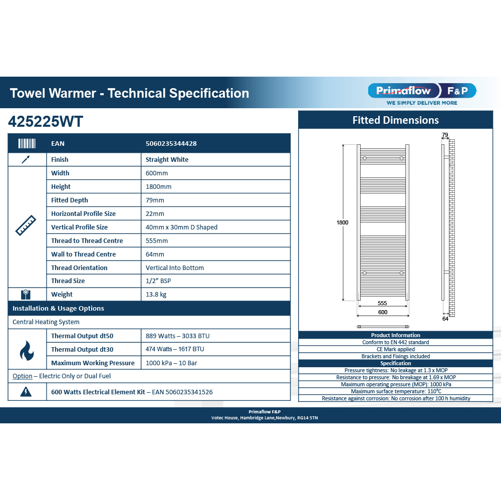 Prorad 2 White Straight Towel Rail 600 x 1800mm Image 2