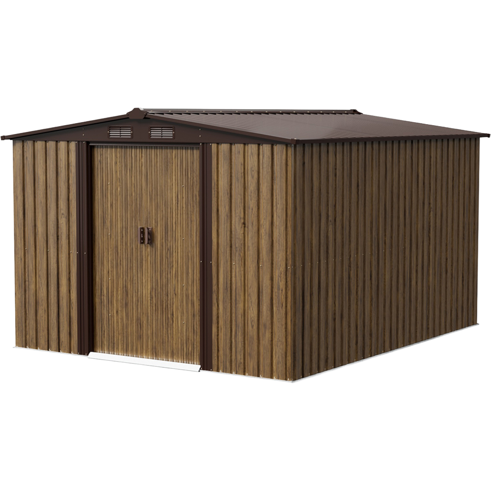 Living and Home 10 x 8ft Brown Wood Grain Metal Apex Garden Storage Shed with Foundation Image 2