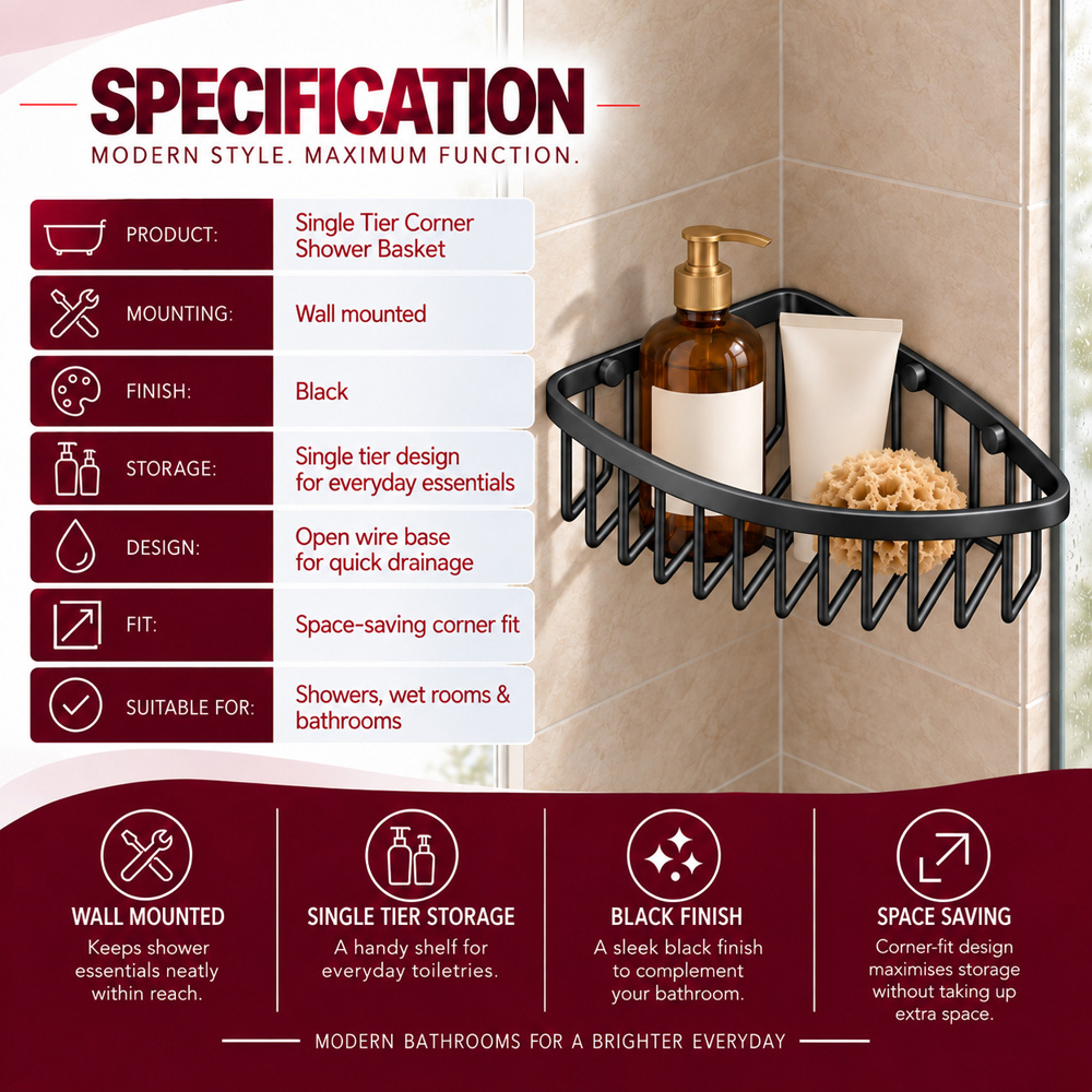 Go Bathrooms Black Wall-Mounted Corner Shower Basket Image 3