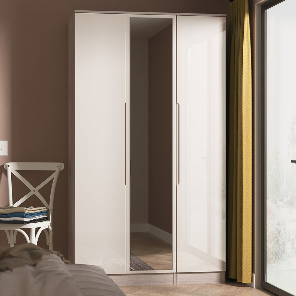 Crowndale Milan 3 Door Kashmir Gloss and Grey Oak Tall Mirrored Wardrobe Ready Assembled Image 1