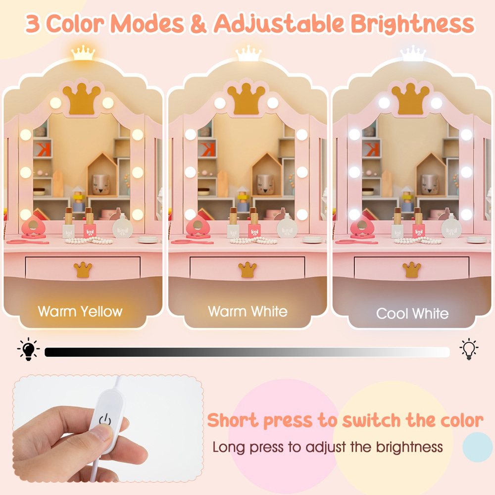 Costway Pink Kids Vanity Set with Lighted Mirror and Stool Image 8