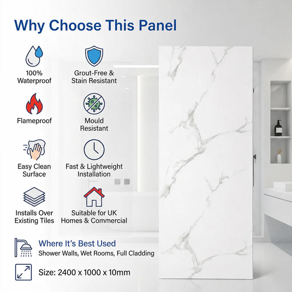 Britwall White Carrara Marble Glossy Shower Panel 2400 x 1000 x 10mm 3 Pack Image 7