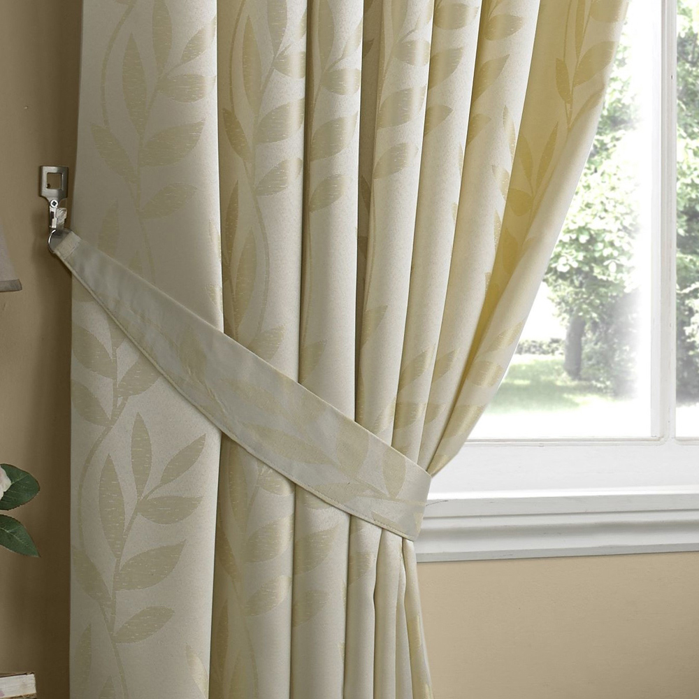 Alan Symonds Dupion Cream Leaf Jacquard Ring Top Eyelet Curtains 117 x 229cm Image 3