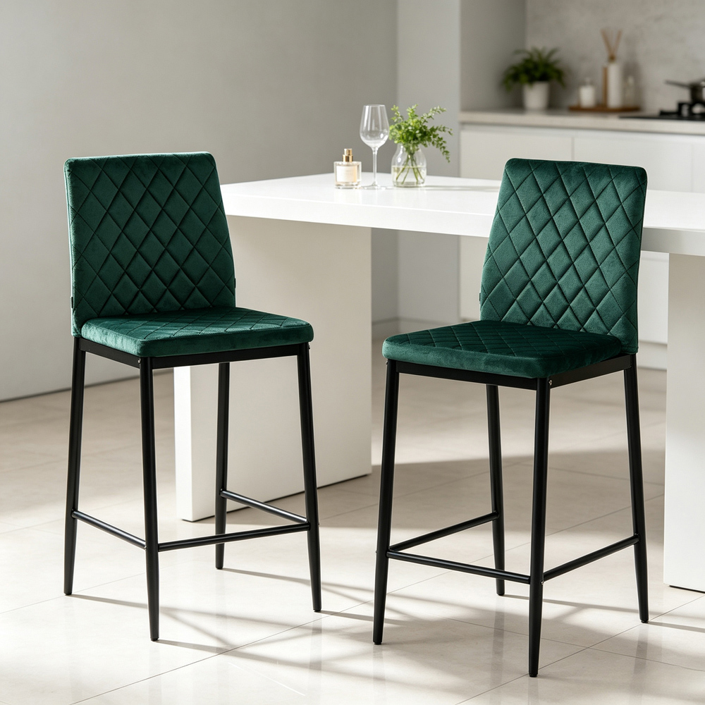 Living and Home Dark Green Velvet Diamond Stitched Bar Stool Set of 2 Image 8