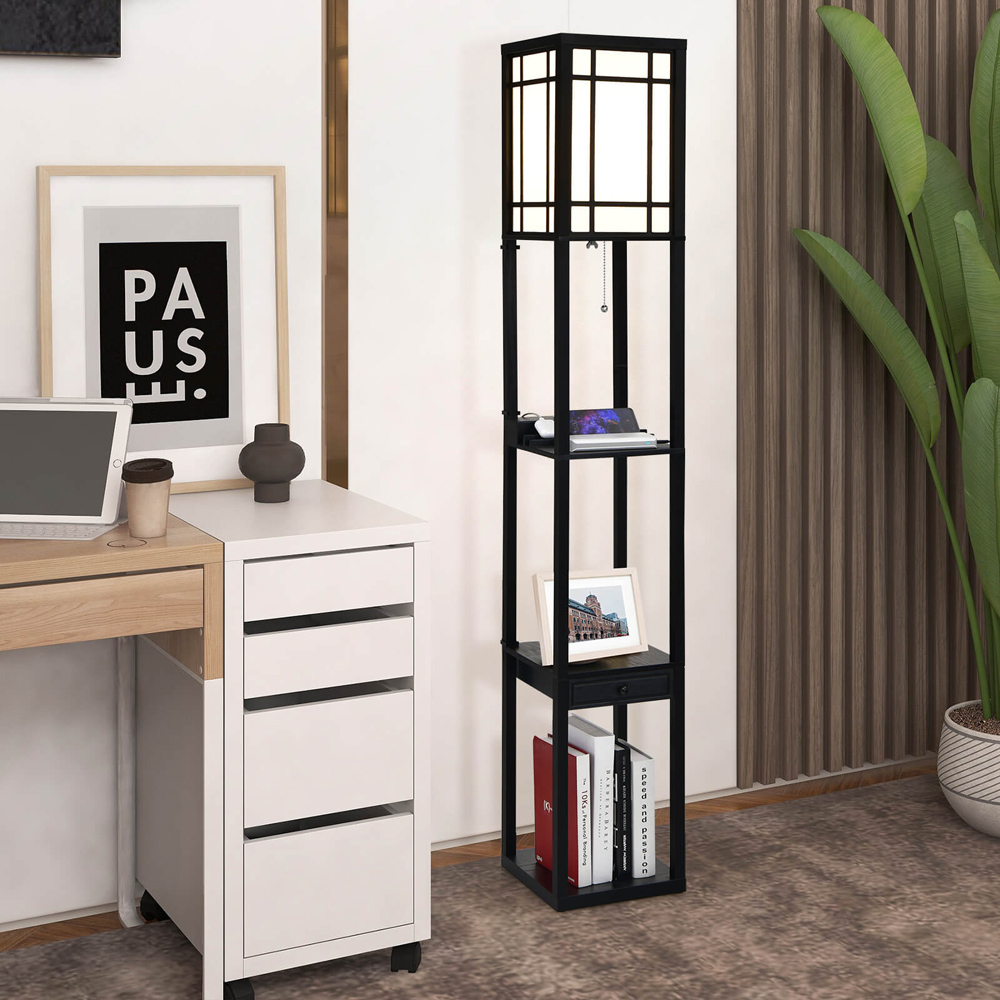 Costway Single Drawer 3 Shelf Tall Storage Floor Lamp with 2 USB Charging Port Image 2