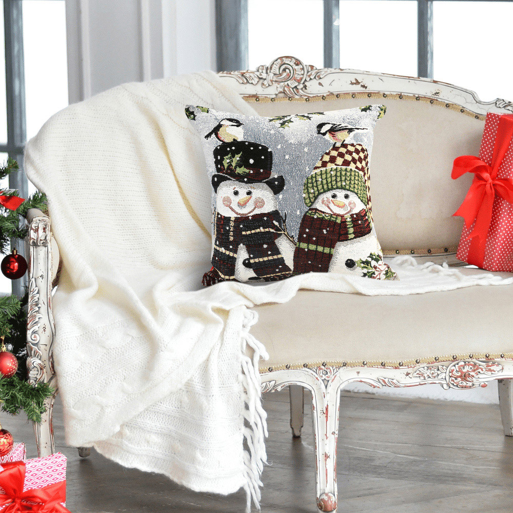 Noel Square Xmas Happy Snowmen Cotton Chenille Cushion Image 4