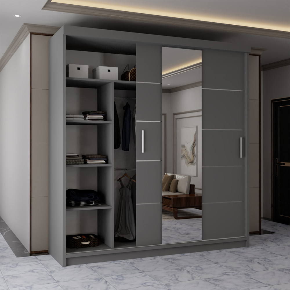 M N Furniture Osaka 2 Door Grey Mirrored Panel Sliding Wardrobe 203cm Image 3