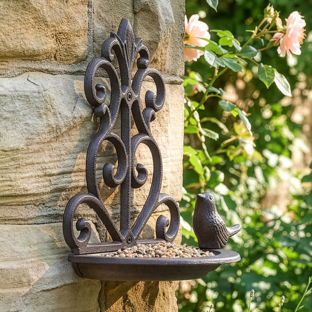 Dibor Brown Cast Iron Ornate Scrolled Wall Mounted Bird Feeder Image 2