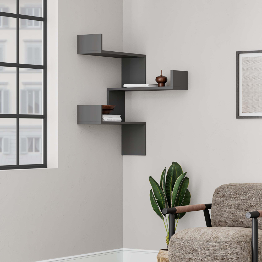Decortie Luksa 3 Shelf Anthracite Modern Corner Wall Mounted Bookcase Image 3